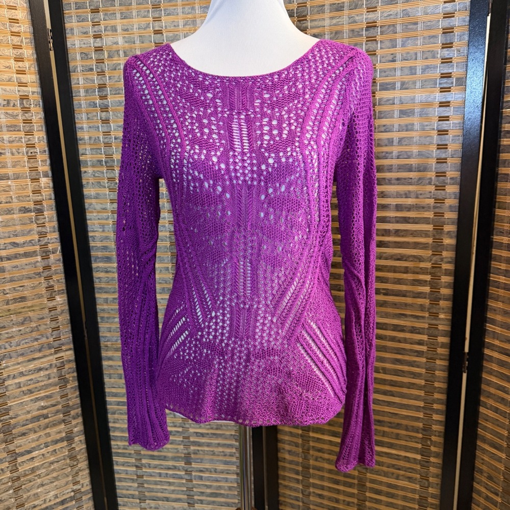 Lauren Ralph Lauren Crochet Sweater Womens PM Purple Open Knit Pointelle Boho